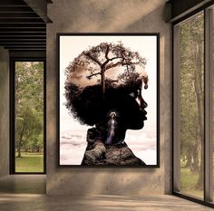 a woman's head with trees and clouds in the background