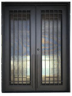 the double doors have bars on them and are black with frosted glass panels,