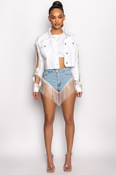 The AKIRA Label Gonna Love Me Waterfall Rhinestone Denim Short in Denim is a high cut, ultra-glam cheeky denim bottom complete with a high rise waist, belt loops, mock front pockets, back pockets, and fringe hem detailing. Complete with rhinestone fringe hem detailing and a classic front button fly closure.
- 54% Cotton, 34% Rayon, 10% Polyester, 2% Spandex
- Super Stretchy
- Imported
(all measurements are approximate from size small)
- 10” Rise
- 1” Inseam
- 6” Rhinestone Fringe
Product ID: 301514
(all measurements approximate from size 1X)
- 12.5” Rise
- 2” Inseam
- 6” Rhinestone Fringe 
Product ID: 301518 Rhinestone Denim, Rhinestone Fringe, Denim Short, End Of Season Sale, High Cut, Love Me, Waist Belt, Denim Shorts, High Rise