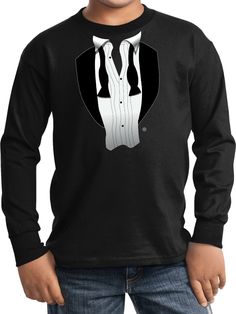 After Party Tuxedo Youth Long Sleeve Shirt A kids long sleeve shirt featuring a funny tuxedo design 100% cotton Traditional fit Available in sizes Small through XL Machine wash cold with like colors; dry low heat Black Formal Shirt With Graphic Print, Elegant Cotton Crew Neck Shirt, Party Cotton Shirt With Crew Neck, Party Cotton Shirt With Graphic Print, Cotton Party Shirt With Crew Neck, Fitted Cotton T-shirt For Party, Crew Neck Cotton Shirt For Party, Cotton Party Shirt With Graphic Print, Tuxedo Design