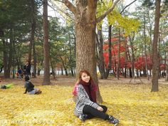 a woman sitting on the ground in front of a tree with leaves all over it