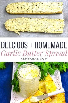 garlic butter spread with bread sticks and parsley on the side for garnish