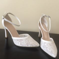 5cm , 7 cm or 9 cm heel length Ivory and white color options Elegant Lace Wedding Shoes With Ankle Strap, Lace Ankle Strap Wedding Shoes, Summer Wedding Heels With Almond Toe, Evening Lace Wedding Shoes With Ankle Strap, Summer Wedding Kitten Heels With Almond Toe, Lace High Heel Wedding Shoes For Evening, Spring Wedding Kitten Heels With Almond Toe, Spring Wedding Almond Toe Kitten Heels, Lace Wedding Shoes With Pointed Toe