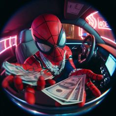 spider - man sitting in the driver's seat of a car holding money