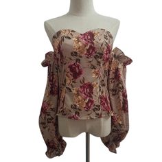 Khaki Floral Print Off Shoulder Blouse Off-shoulder Floral Print Party Blouse, Padded Long Sleeve Blouse For Summer, Off-shoulder Floral Print Party Tops, Long Sleeve Floral Print Top For Party, Fall Floral Print Off-shoulder Tops, Off-shoulder Floral Print Tops For Fall, Fitted Off-shoulder Floral Print Top, Women Tops, Off Shoulder Blouse