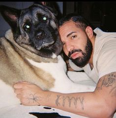 a man laying on top of a bed next to a dog