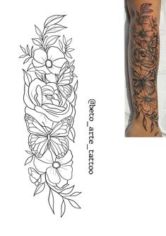 an arm tattoo with flowers and leaves on it, next to a photo of the back of