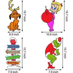 cartoon characters are shown in different sizes and colors