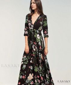 Lasaky - Vintage Patterned Relaxed Fit Maxi Dress with V-neck Collar Green Floral Print Maxi V-neck Dress, Printed Maxi Length V-neck Dress For Spring, Spring Printed V-neck Maxi Dress, Black Floral Print Maxi Dress With V-neck, Black Floral Print V-neck Maxi Dress, Black V-neck Maxi Dress With Floral Print, Black Bohemian Dress With Surplice Neckline, Black V-neck Surplice Dress For Spring, Black V-neck Midi Dress For Garden Party