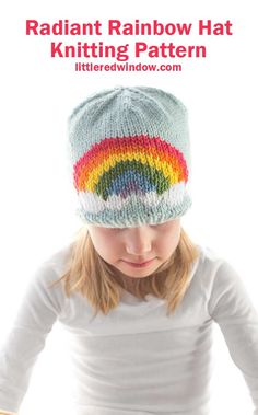 The radiant rainbow hat knitting pattern is knit in soft light blue worsted weight yarn with a fun duplicate stitch rainbow on the front! Rainbow Applique, Valentine Hats, Hat Knitting, Circular Knitting Needles