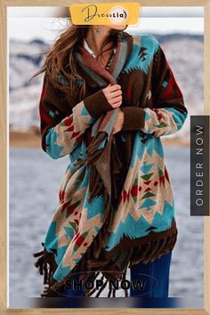 Casual and Effortless General Jacket Capes & Ponchos, Elegant Jacket, Fringe Fashion, Fringe Cardigan, Shawl Cardigan, Winter Print, Nikko, Ethnic Print, Casual Cardigans