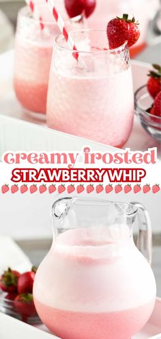 Creamy frosted strawberry whip. Drinks With Frozen Strawberries, Whipped Drink Recipe, Strawberry Drink Recipes Non Alcoholic, Whipped Koolaid Drink, Whipped Pink Lemonade, Beverage Recipes Nonalcoholic, Fun Kids Drinks For Parties, Virgin Drinks For Kids, Milk Recipes Drink