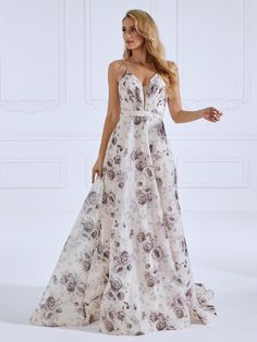 A-line Floral A-line Dress For Banquet, Floor-length Floral Maxi Dress For Banquet, Floral Print A-line Dress For Banquet, Floral Print Floor-length Maxi Dress For Banquet, Floral Print A-line Maxi Dress For Prom, Floral Print A-line Maxi Dress For Evening, Prom Maxi Dress With Floral Print And A-line Shape, Floral Print V-neck Evening Dress, Ball Gowns Evening