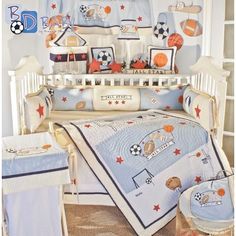 a baby crib bedding set with sports theme