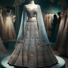 a dress on display in a room with mannequins and chandeliers