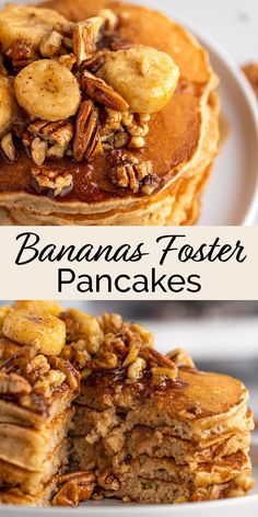 pancakes stacked on top of each other with bananas and pecans