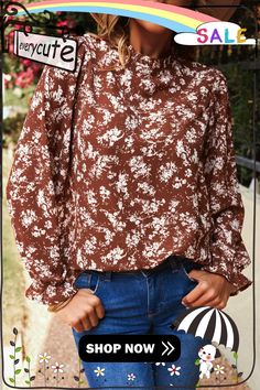 Floral Print Ruffled Crew Neck Long Sleeve Blouse Fall Ruffle Hem Blouse For Day Out, Fall Blouse With Ruffle Hem For Day Out, Brown Fall Blouse For Day Out, Brown Blouse For Fall Day Out, Brown Blouse For Day Out In Fall, Casual Ruffled Blouse For Fall, Brown Printed Tops For Spring, Brown Ruffled Blouse For Fall, Ruffled Collar Blouse For Day Out In Fall