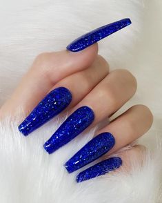 Blue Coffin Nails, Royal Blue Nails, Blue Glitter Nails, White Acrylic Nails, Her Nails