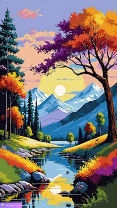 a painting of a mountain lake and trees