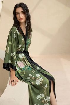 Floral Print Satin Sleepwear For Loungewear, Silk Summer Sleepwear For Home, Silk Sleepwear For Spring Season, Spring Silk Sleepwear, Satin Floral Print Sleepwear, Silk Sleepwear For Spring Loungewear, Green Satin Sleepwear For Summer, Green Summer Sleepwear For Night, Elegant Floral Print V-neck Sleepwear