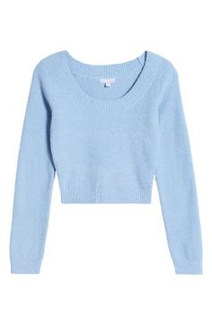 A fuzzy finish lends cozy texture to this scoop-neck sweater trimmed with soft ribbing and knit to a flirty abbreviated length. 16 1/2" length Scoop neck Long sleeves Ribbed cuffs and hem 100% recycled polyester Machine wash, tumble dry Imported