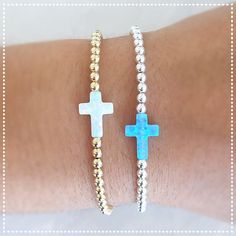 Cross Opal in White or Light Blue on a Sterling Silver Gold Filled or Rose Gold Filled Beaded Bracel Nickel-free Cross Bracelet Gift, Nickel Free Cross Bracelet With Spiritual Style, Nickel-free Cross Bracelet For Spiritual Style, Spiritual Cross Bracelets As Gifts, Silver Cross Jewelry For Friendship, Spiritual Cross Bracelets, Spiritual Hypoallergenic Friendship Bracelets, Adjustable Cross Stretch Bracelet As Gift, Spiritual Cross Beaded Bracelets As Gift