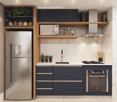 a modern kitchen with stainless steel appliances and wood shelves on the wall, along with white tile flooring