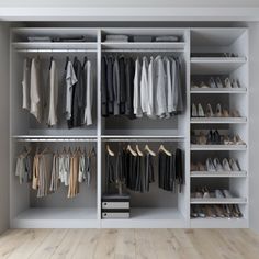 a walk in closet with lots of clothes and shoes on the shelves next to it