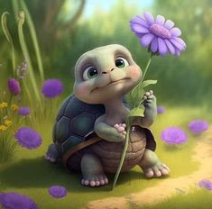 a little turtle holding a flower in its hand