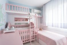 a child's bedroom with pink furniture and decor on the walls, along with white curtains