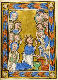 an illuminated manuscript with the image of jesus surrounded by other people