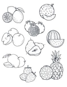 a bunch of different fruits that are drawn in black and white