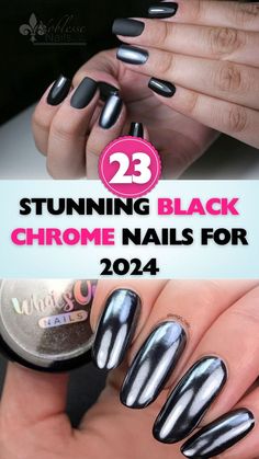 Get inspired by these stunning black chrome nails perfect for 2024's fashion scene. Chrome Black Nails, Black And Chrome Nails, Nail Patterns, Chrome Nails