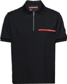 Designer Black Polo Shirt With Ribbed Collar, Classic Black Top With Logo Patch, Designer Black Polo Shirt With Embroidered Logo, Designer Black Cotton Polo Shirt, Designer Black Polo Shirt For Work, Sporty Black Top With Contrast Collar, Black Sporty Top With Contrast Collar, Logo Badge, Chalk White