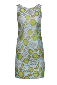 Current Boutique-J.Crew Collection - Light Blue, Green, & Metallic Print Sheath Dress Sz 000 Chic Geometric Pattern Party Dress, Fitted Green Dress With Geometric Pattern, Fitted Geometric Pattern Party Dress, Chic Fitted Dress With Geometric Pattern, Spring Stripes, J Crew Collection, Geometric Prints, Jcrew Collection, Floral Print Design