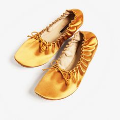 This Might Be the Most Genius Zara Item Ever via @WhoWhatWear Zara Flats, Zara Gold, Satin Shoes, Ballerina Shoes Flats, Ballet Slippers, Goat Leather, Gucci Mules