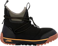 a black and orange sneaker with laces on the side