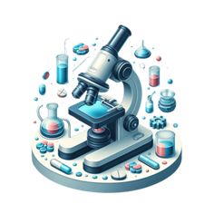 an illustration of a microscope surrounded by science equipment