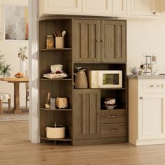 a kitchen with wooden cabinets and white cupboards in the corner, next to a dining room table