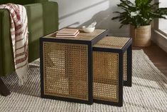 two side tables sitting on top of a rug