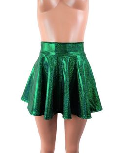 "Please measure yourself to make sure you choose the correct length for your needs Sparkling Green spandex skater skirt 15\" shown on mannequin. High waist skirt can be worn lower or higher most skirts allow you to place the waistline where it suits you on your particular body shape and personal desire! this fun flirty skirt is a full circle design and can be ordered in lengths of 10 inch, 12 inch, 15 inch and 19 inch- if you need a longer length contact me for a quote. Any of my items can be ma Green Fashion Outfits, Skirt Circle, Sparkly Skirt, Skater Skirts, Rave Girl, Trendy Halloween Costumes, Design Clothes, Rave Wear, Fashion Design Clothes