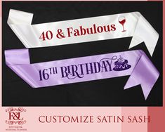 Personalized Party Favor Sash  ➼ Our personalized party favor sashes are a unique and fun way to give your guests or love ones something they can wear and cherish. Perfect for birthday, bridal shower, baby shower, or bachelorette party etc. these sashes will make your feel extra special. ➼ Customize each sash with a name, title, or fun message for your loves one.  ➼ Choose from a variety of font styles and text colors. ➼ Available in a wide range of sash colors to match your party theme, from classic white, black, dusty rose, pink etc. ➼ Available in various sizes XS to 2XL. Please refer size chart in given listing. ➼ Ideal for birthdays, baby showers, bridal showers, bachelorette parties, graduations, retirement parties, and much more!  Details  ➼ Material : 100% Sation Ribbon. ➼ Printing Sweet 16 Sash, Personalized Sash, Custom Sash, Bridesmaid Sash, Wedding Sash Belt, Personalized Party Favors, Wedding Belts, Retirement Parties, Bachelorette Parties