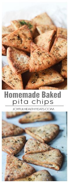 homemade baked pita chips on a baking sheet with text overlay that reads homemade baked pita chips