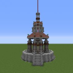 the tower is made out of bricks and has a red flag on it's top