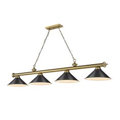 three lights hanging from the ceiling in an antique brass finish with black and white shades