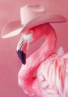 a pink flamingo wearing a cowboy hat with feathers on its head and neck, standing in front of a pink background