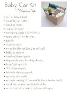 baby car kit checklist with instructions for packing and diapering items in it