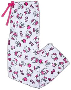 Cute Cotton Bedtime Pants, White Stretch Pants For Sleep, Casual Hello Kitty Print Sleepwear, Cute White Pants For Sleepover, Casual Hello Kitty Long Pants Sleepwear, Casual Hello Kitty Print Sleepwear Pants, Cute Hello Kitty Print Pants For Pajama Party, Cute Pants With Hello Kitty Print For Pajama Party, Cute White Pants With Elastic Waistband