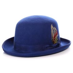 Men Derby Bowler Hat-Royal Blue - Church Suits For Less Ribbon Feather, Mens Dress Hats, Tall Hat, Brown Derby, Felt Crown, Women Church Suits, Orange Hats, Orange Style, Straw Fedora Hat