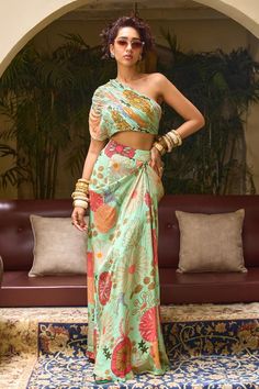 Mint green draped skirt with floral print. Comes with padded pleated blouse embellished by sequins. - Aza Fashions Skirt With Blouse, Green Drapes, Wedding Clothing, Draped Skirt, Pleated Blouse, Blouse For Women, Indian Style, Skirt Pattern, Aza Fashion